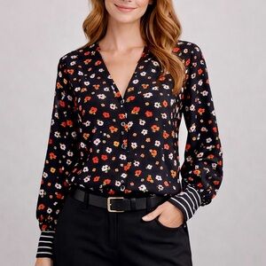 CAbi Cheerful Blouse Black Floral Print and Striped Cuffs Style 3957